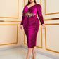 Plus Appliques Ruched Puff Sleeve Velvet Bodycon Dress