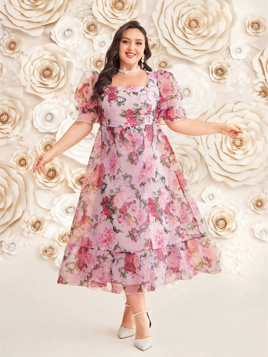 Plus Size Women's Floral Printed Puff Sleeve Dress