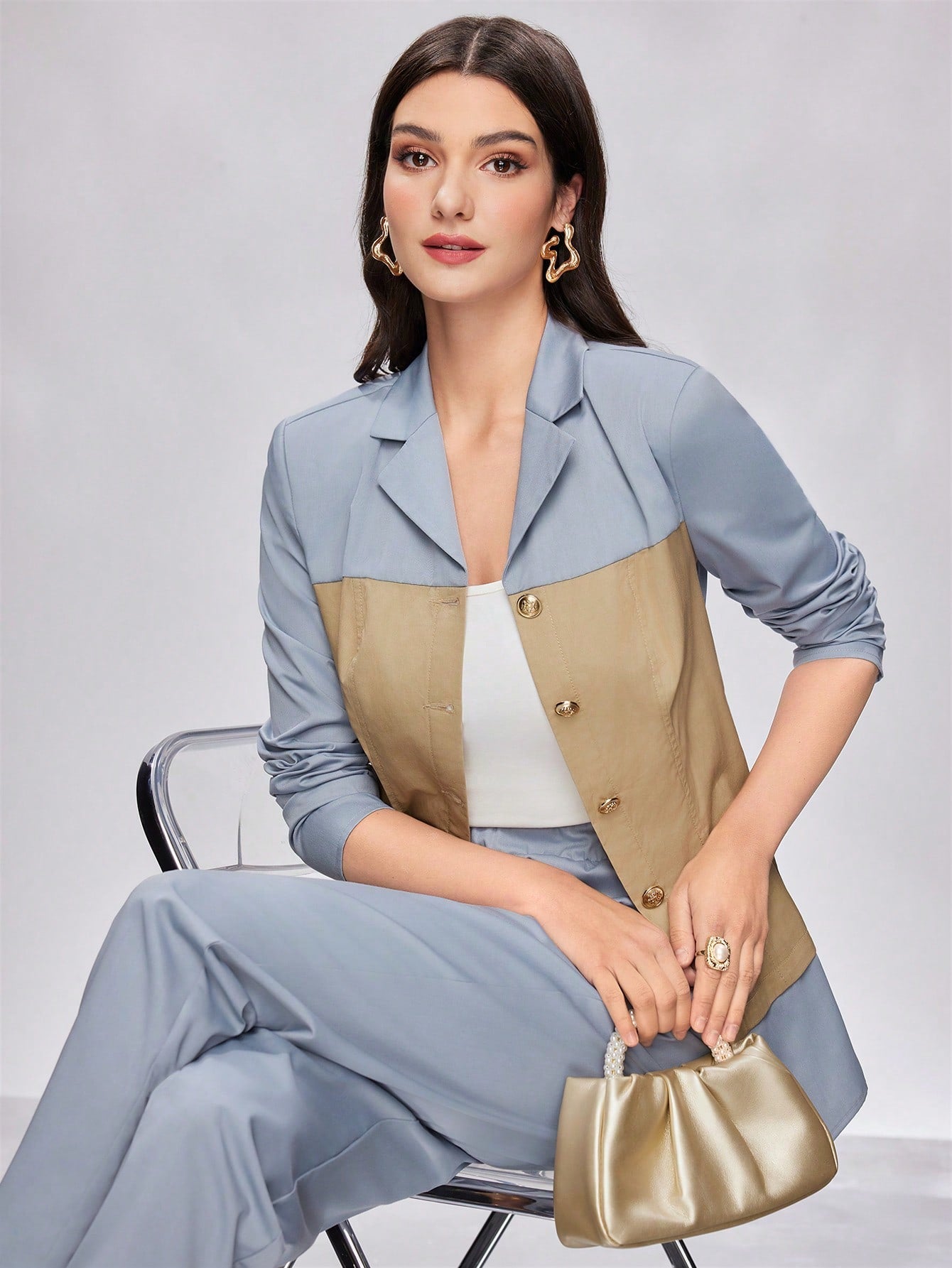 Color-Block Notched Collar Long Sleeve Jacket And Pants Two-Piece Set