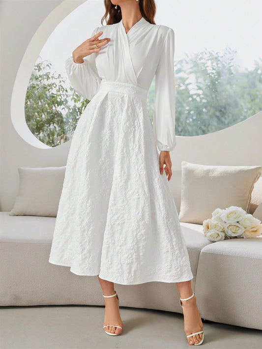 Elegant Jacquard Featuring Overlapped Neckline Lantern Sleeve Dress
