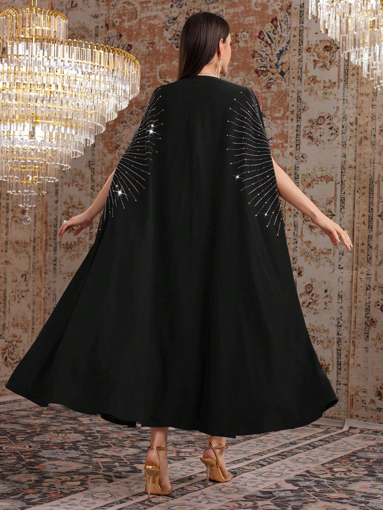 Plain Color Pleated Slim Fit Halter Dress With Hot-Fix Rhinestone Cape Coat 2pcs/Set