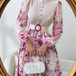 Round Neck Button Waist Ring Tie Waist Long Sleeve All Over Floral Print Flared Hem Elegant Dress