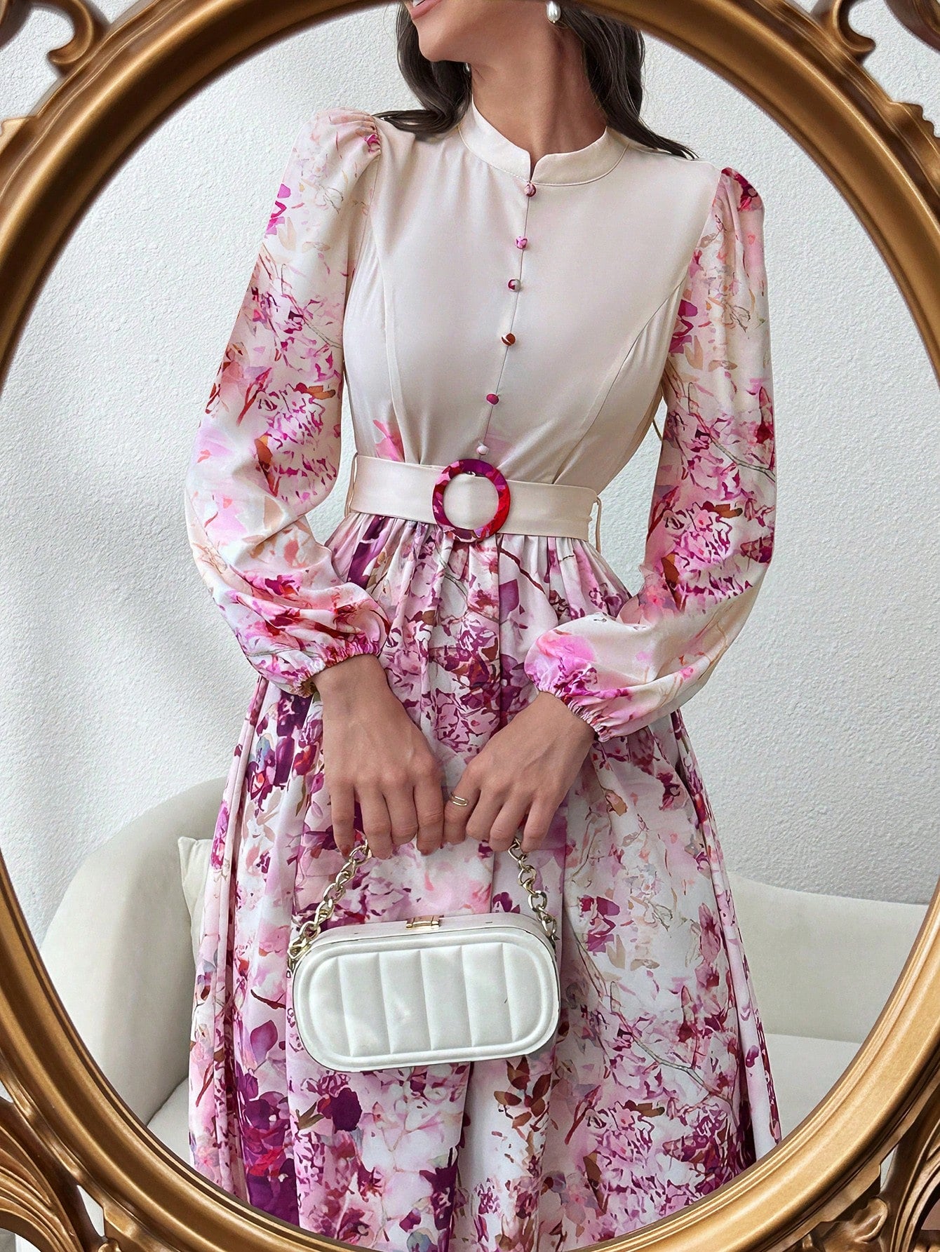 Round Neck Button Waist Ring Tie Waist Long Sleeve All Over Floral Print Flared Hem Elegant Dress