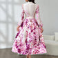 Round Neck Button Waist Ring Tie Waist Long Sleeve All Over Floral Print Flared Hem Elegant Dress