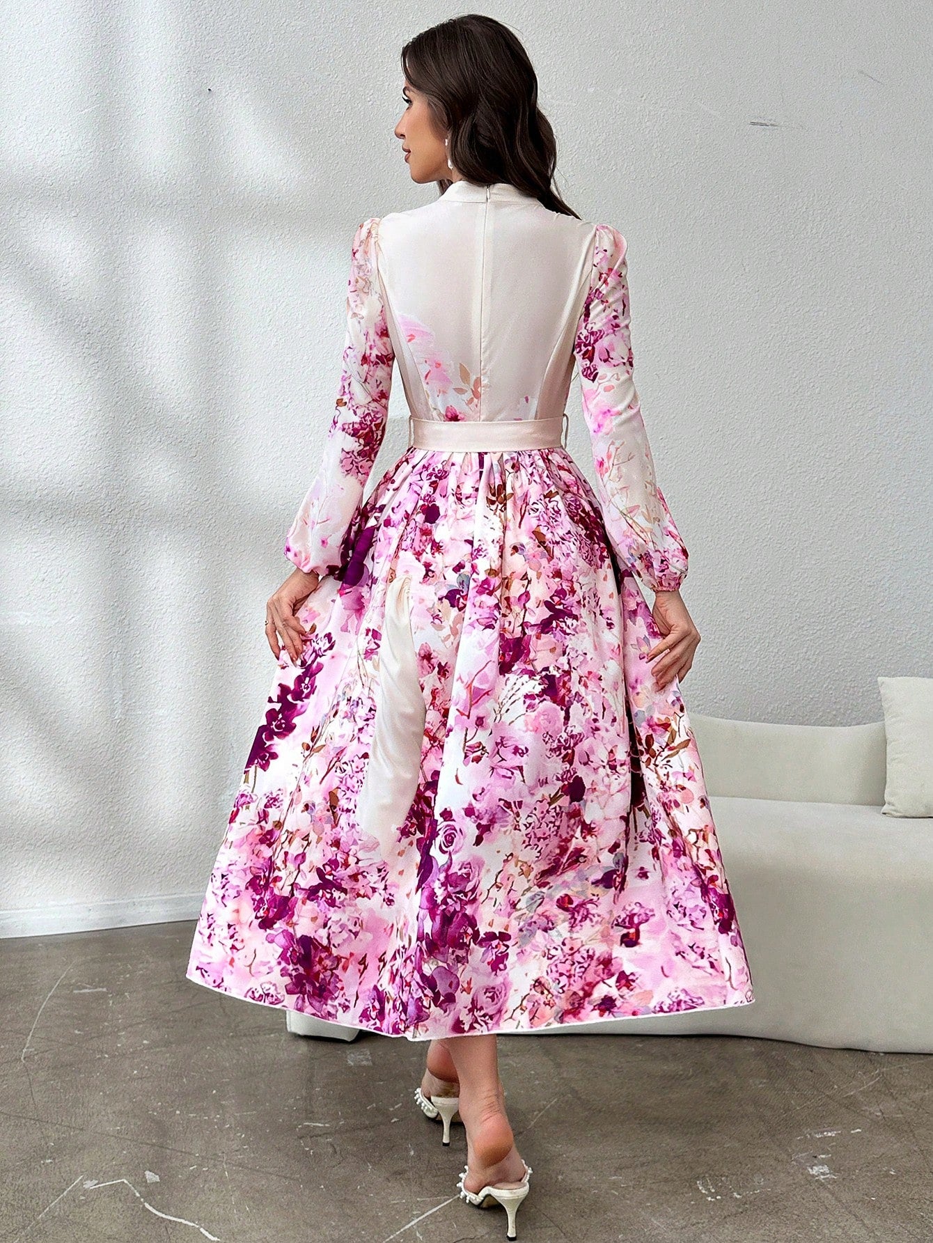 Round Neck Button Waist Ring Tie Waist Long Sleeve All Over Floral Print Flared Hem Elegant Dress