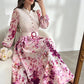 Round Neck Button Waist Ring Tie Waist Long Sleeve All Over Floral Print Flared Hem Elegant Dress