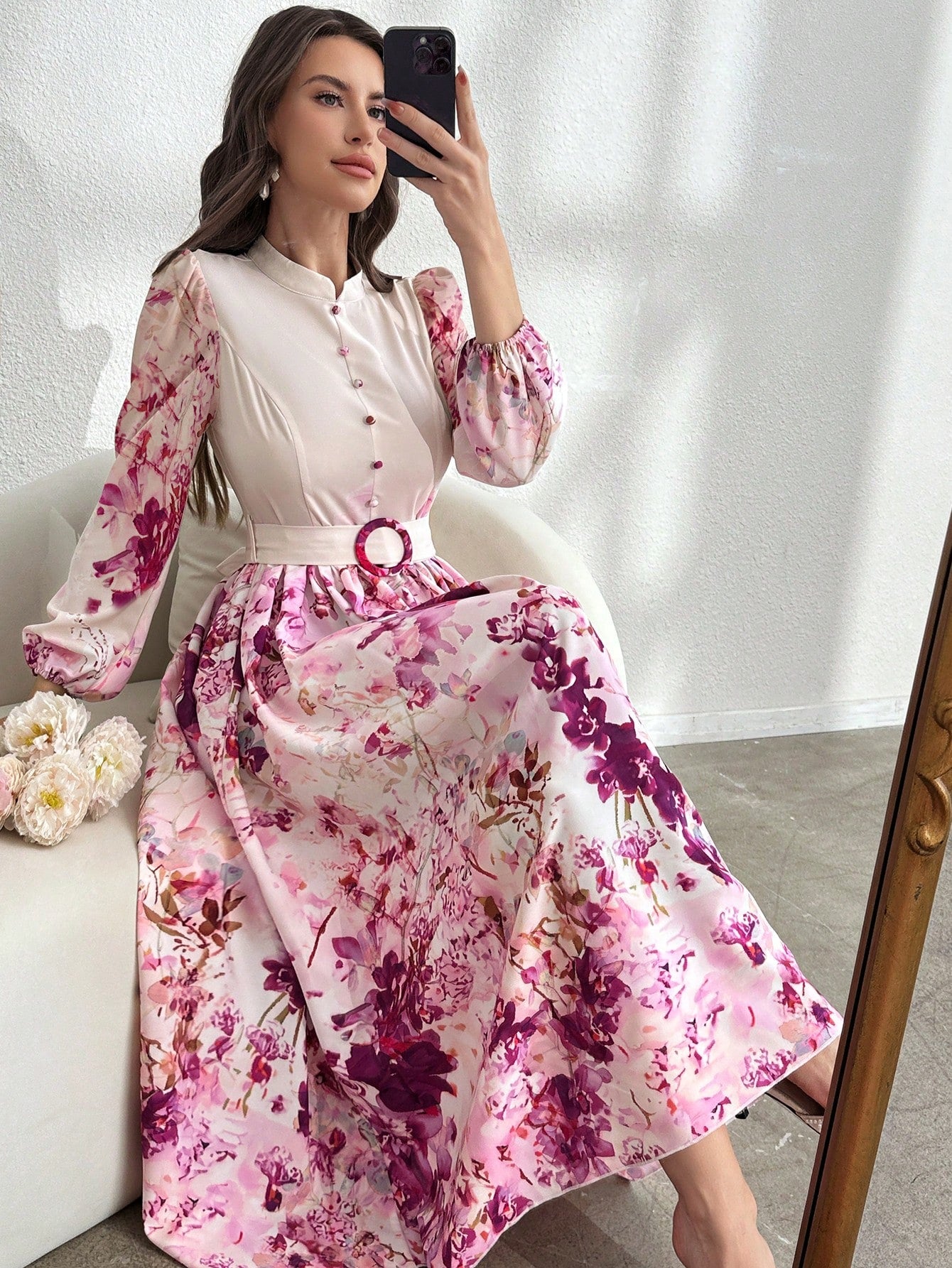Round Neck Button Waist Ring Tie Waist Long Sleeve All Over Floral Print Flared Hem Elegant Dress