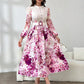 Round Neck Button Waist Ring Tie Waist Long Sleeve All Over Floral Print Flared Hem Elegant Dress