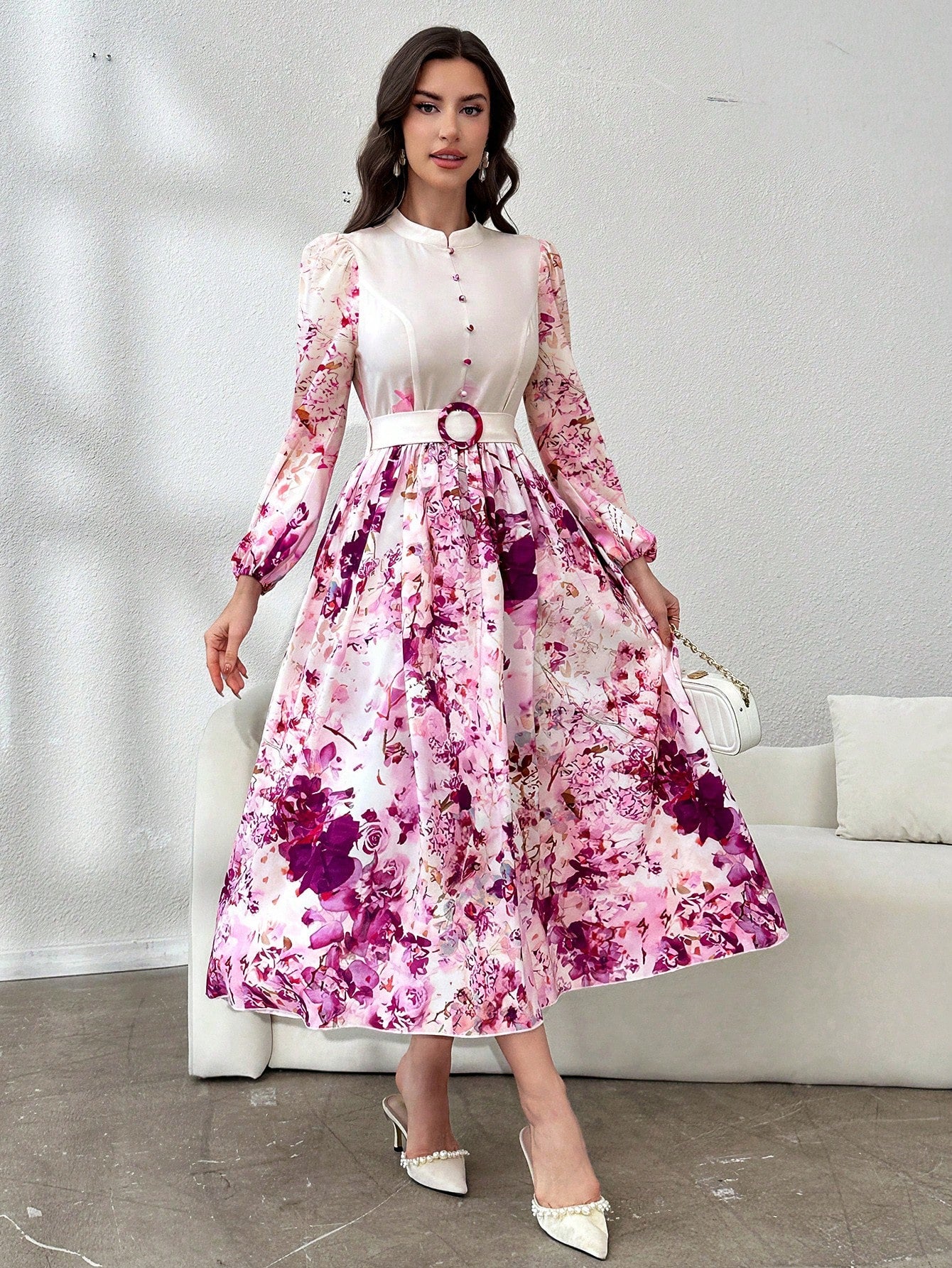 Round Neck Button Waist Ring Tie Waist Long Sleeve All Over Floral Print Flared Hem Elegant Dress