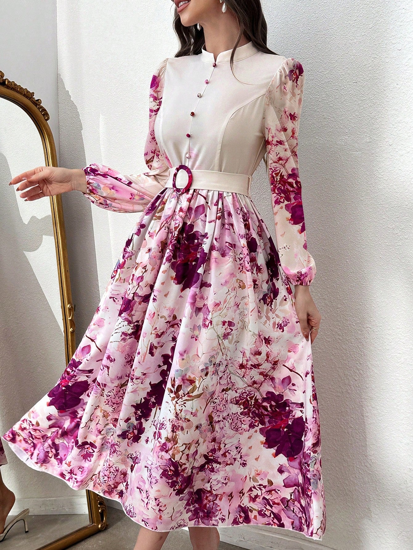 Round Neck Button Waist Ring Tie Waist Long Sleeve All Over Floral Print Flared Hem Elegant Dress