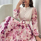 Round Neck Button Waist Ring Tie Waist Long Sleeve All Over Floral Print Flared Hem Elegant Dress