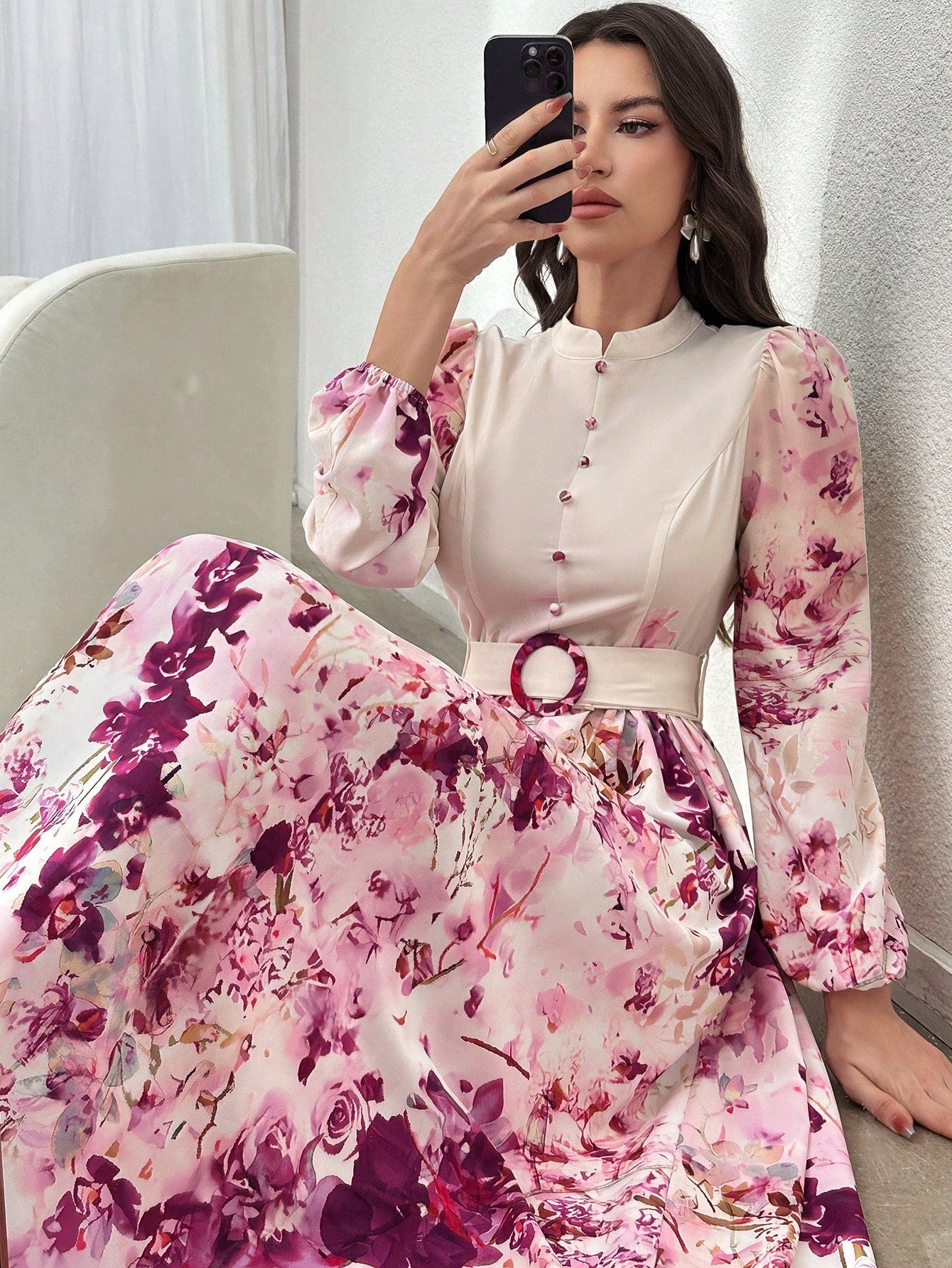 Round Neck Button Waist Ring Tie Waist Long Sleeve All Over Floral Print Flared Hem Elegant Dress