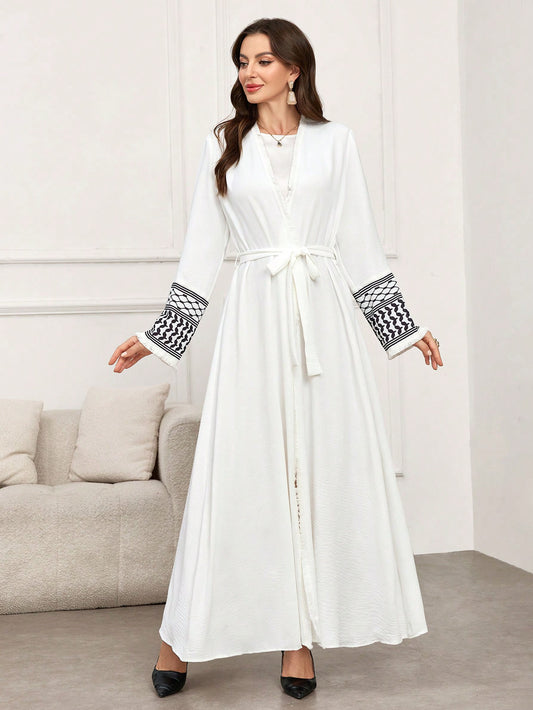Geometric Print Splice Open Front Long Kimono Abaya