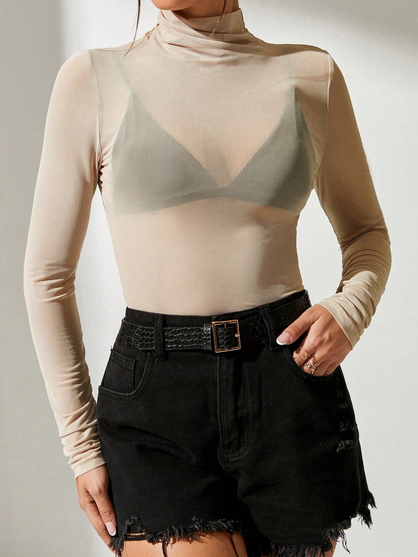 Mock Neck Mesh Top Without Bra