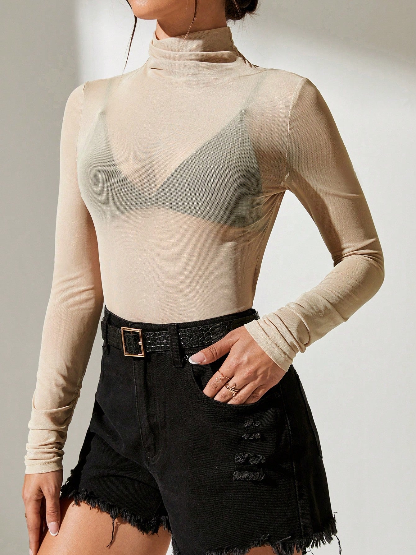 Mock Neck Mesh Top Without Bra