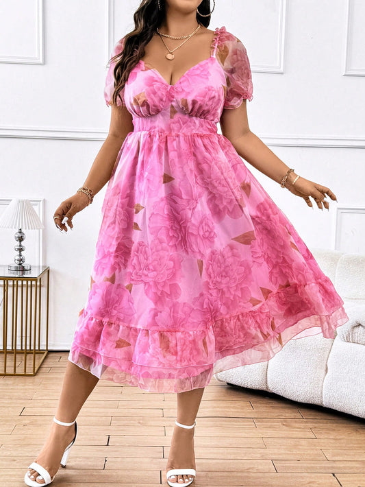 Plus Size Floral Printed Puff Sleeve Gathered Waist Vacation Dress