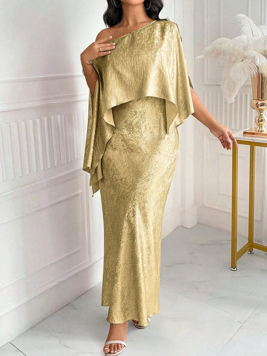 Plus Size Solid Color Asymmetric Neckline Back Zipper Elegant Dress