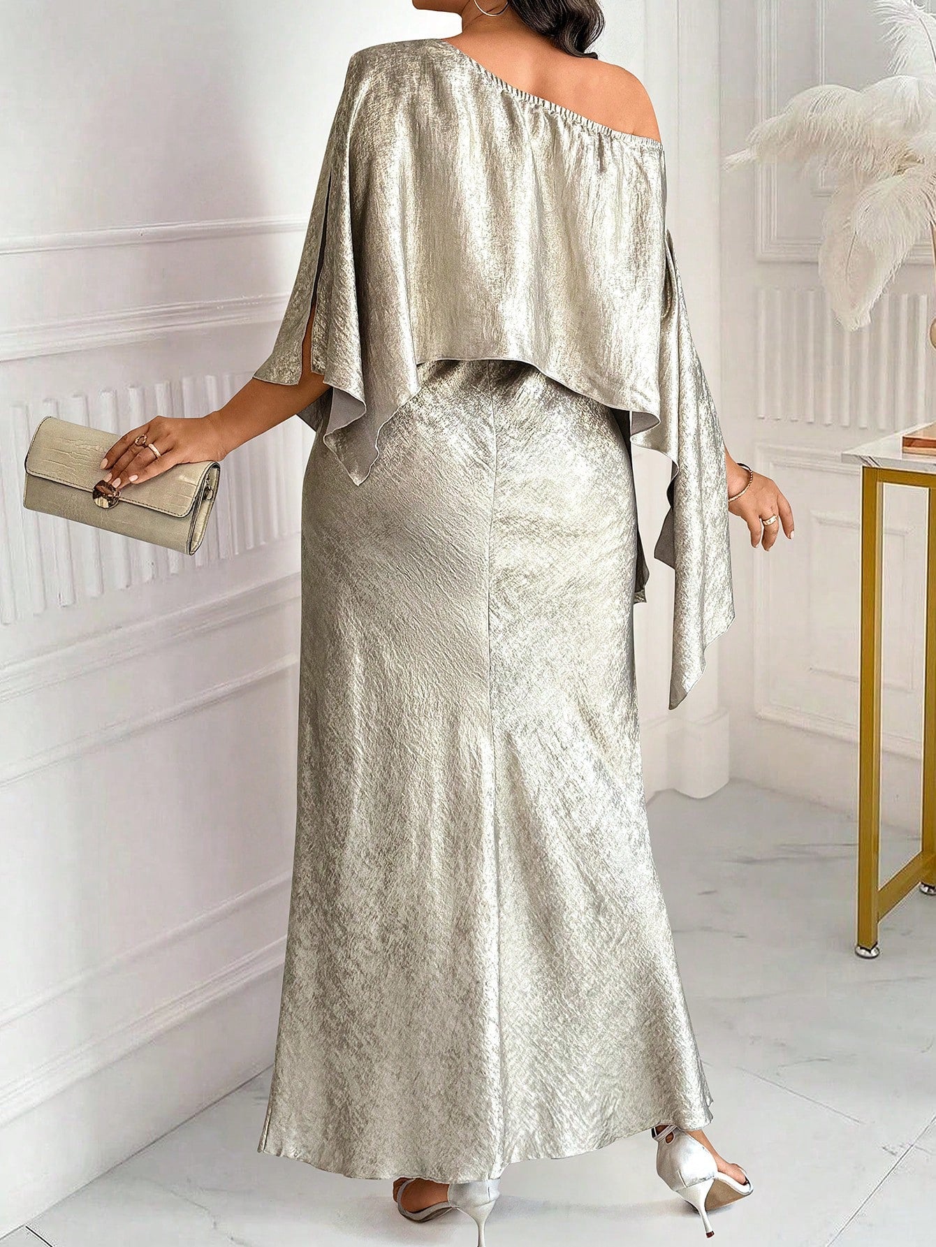 Plus Size Solid Color Asymmetric Neckline Back Zipper Elegant Dress
