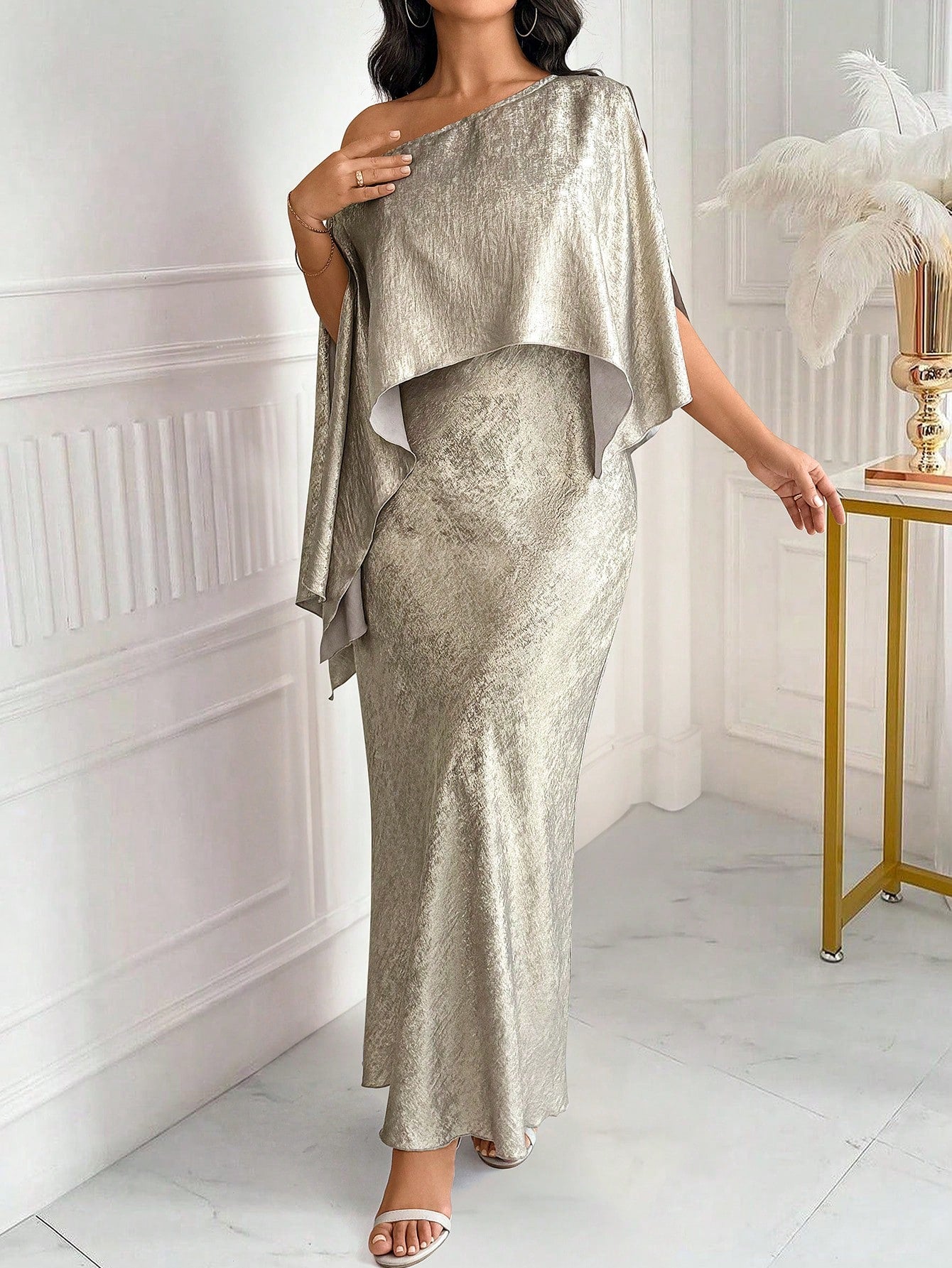 Plus Size Solid Color Asymmetric Neckline Back Zipper Elegant Dress