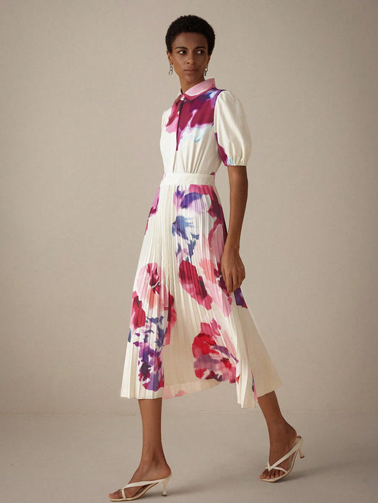 Tie-Dye Flower Printed Short Sleeve Shirt Dress With Lapel Collar, Elastic Waist & Pleats
