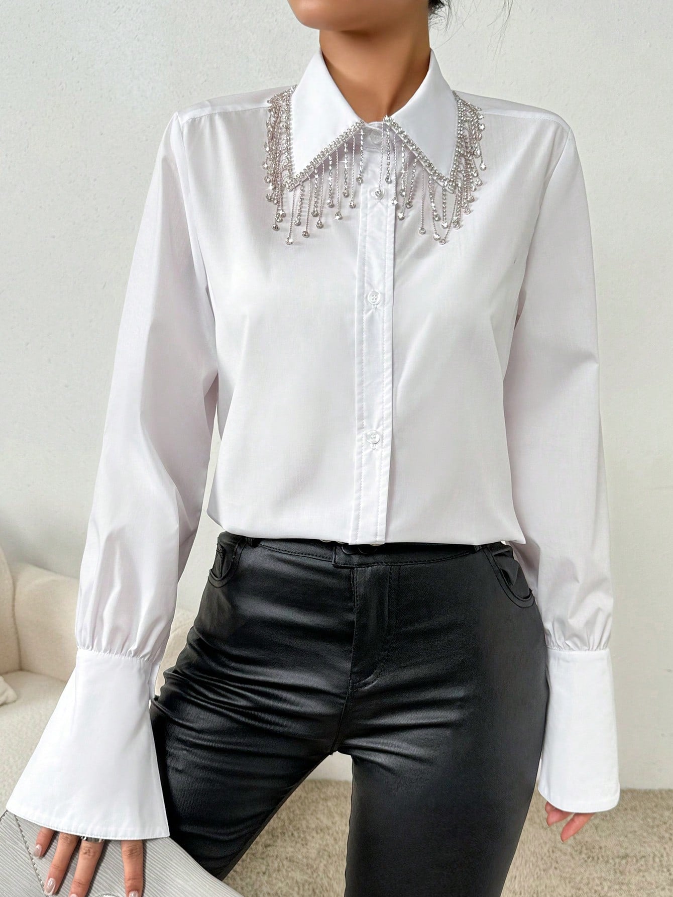 Rhinestone Tassel Ruffle Sleeve Shirt