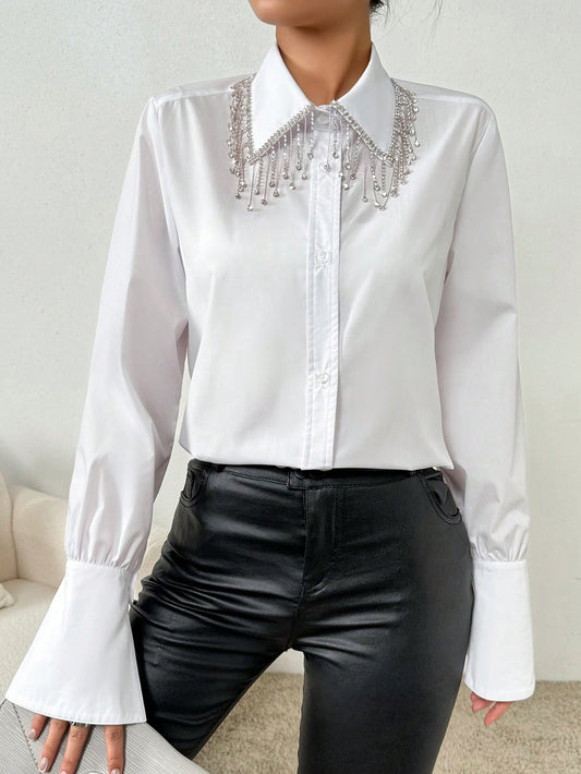 Rhinestone Tassel Ruffle Sleeve Shirt