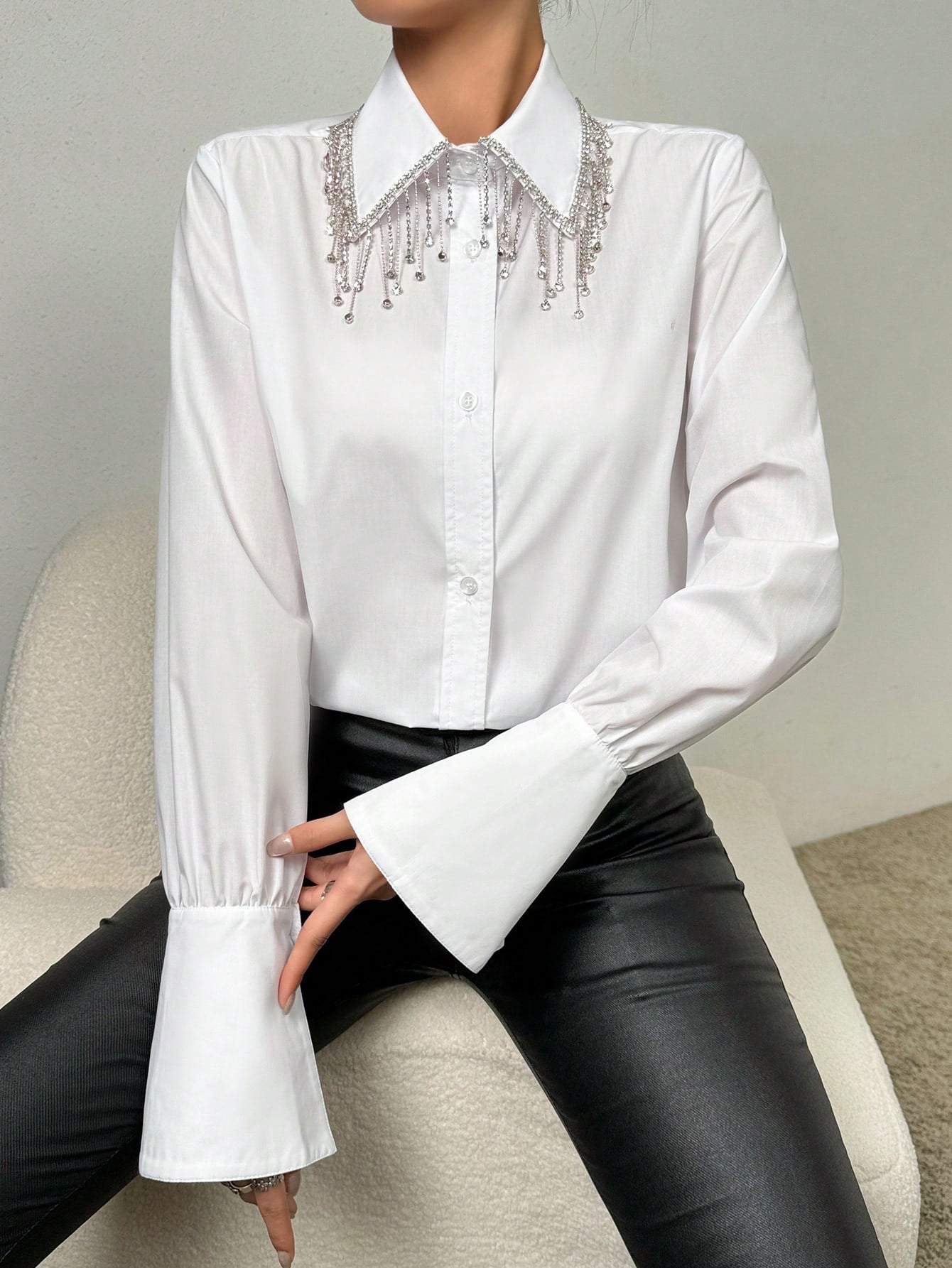 Rhinestone Tassel Ruffle Sleeve Shirt