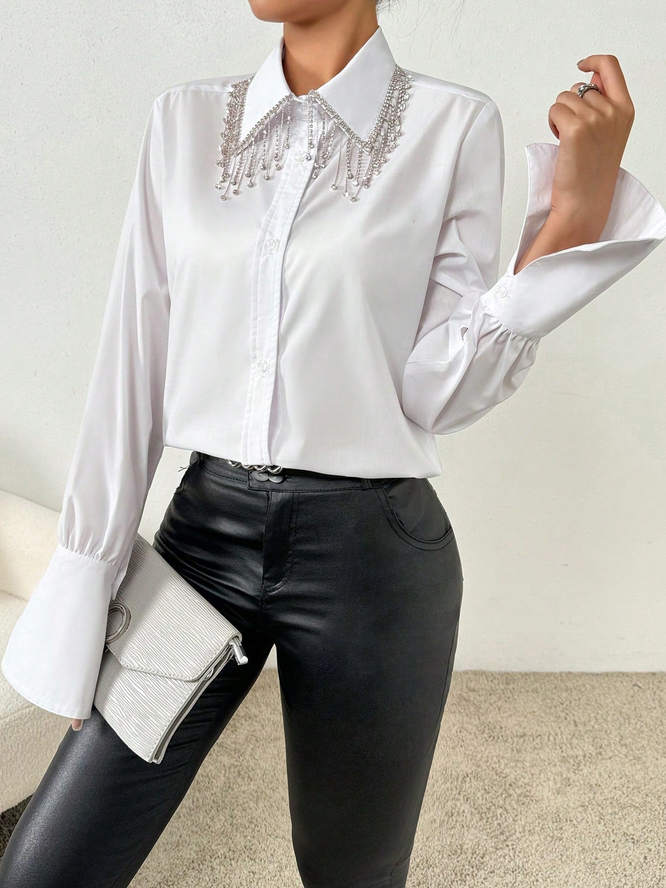Rhinestone Tassel Ruffle Sleeve Shirt