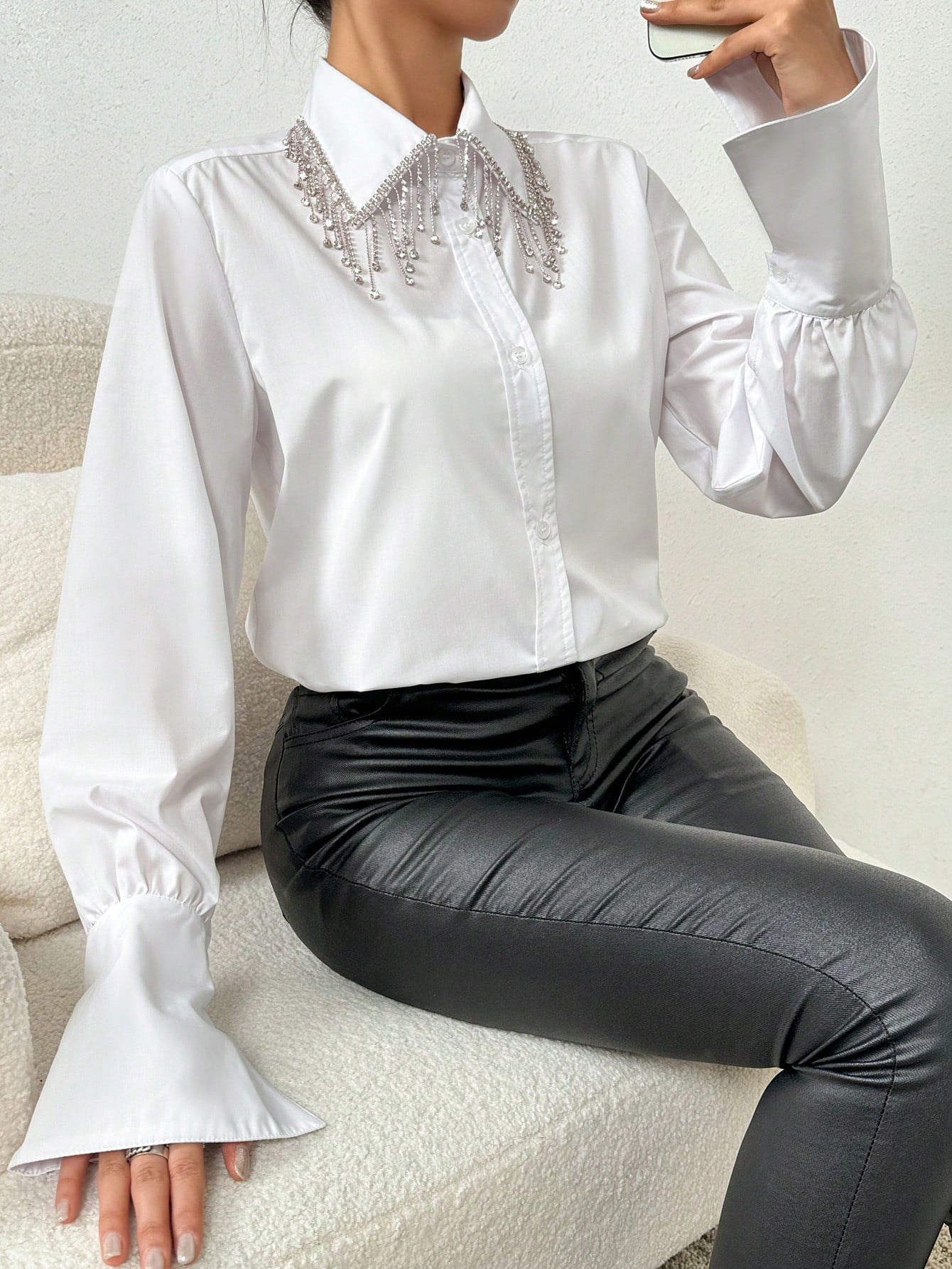 Rhinestone Tassel Ruffle Sleeve Shirt