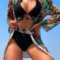 Tropical Print Bikini Set Halter Wireless Bra , High Waist Bottom & Long Sleeve Kimono 3 Piece Swimwear