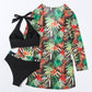 Tropical Print Bikini Set Halter Wireless Bra , High Waist Bottom & Long Sleeve Kimono 3 Piece Swimwear