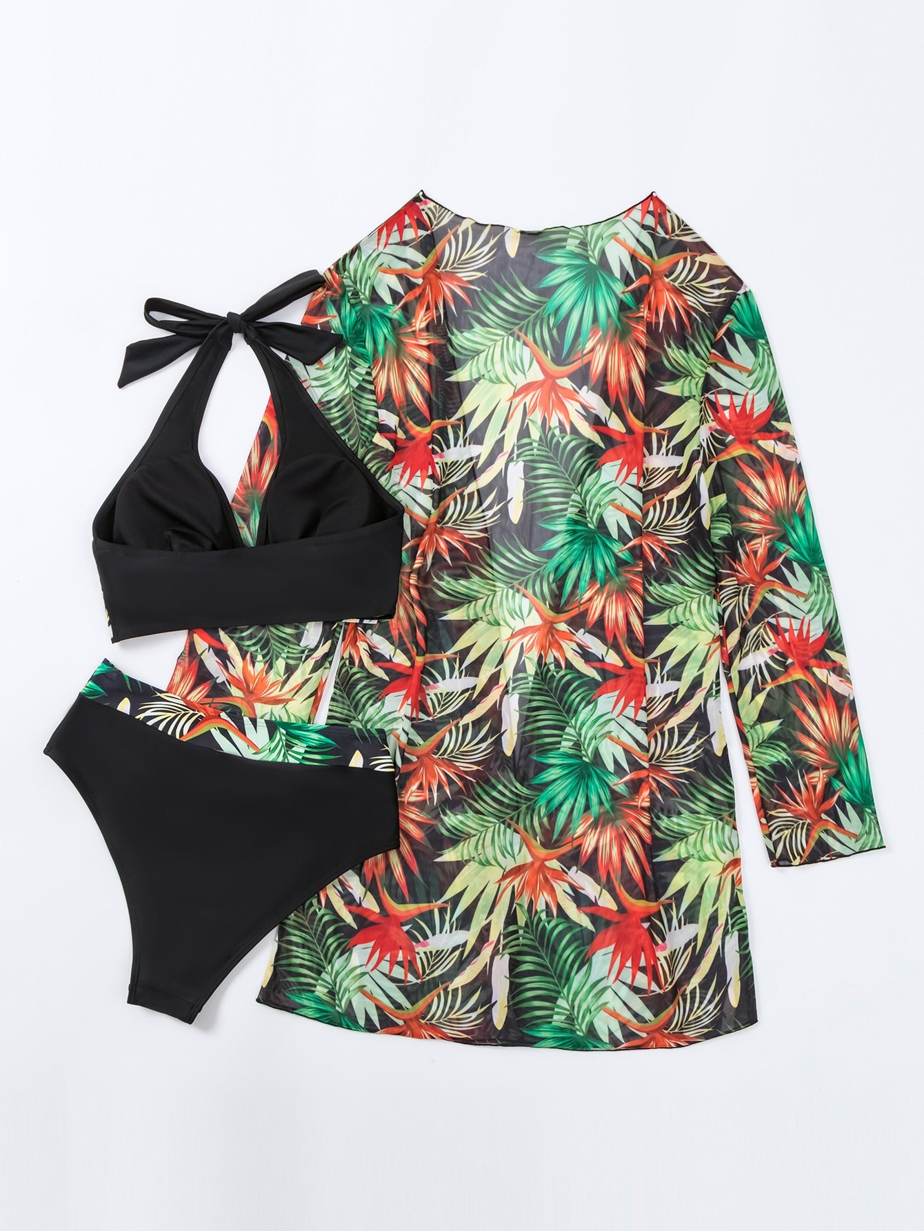 Tropical Print Bikini Set Halter Wireless Bra , High Waist Bottom & Long Sleeve Kimono 3 Piece Swimwear