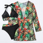 Tropical Print Bikini Set Halter Wireless Bra , High Waist Bottom & Long Sleeve Kimono 3 Piece Swimwear