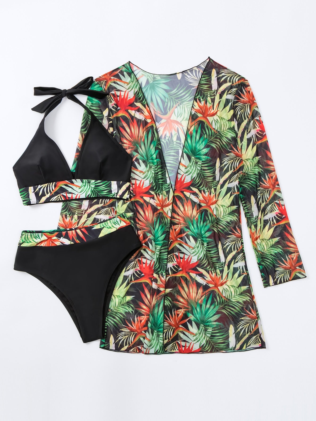 Tropical Print Bikini Set Halter Wireless Bra , High Waist Bottom & Long Sleeve Kimono 3 Piece Swimwear