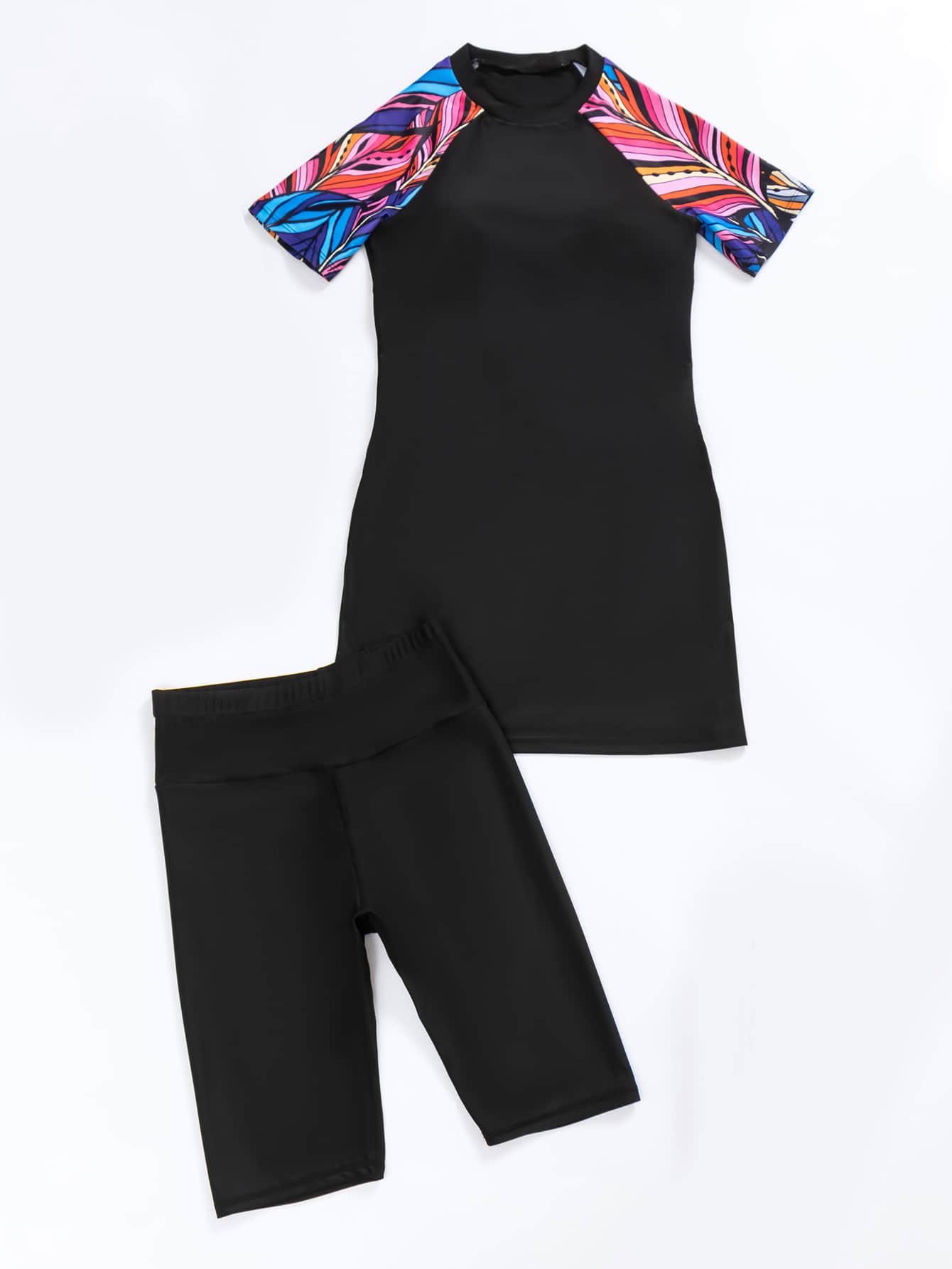 Plants Print Tankini Set Long Sleeve High Neck Swim Shirt & Tummy Control Shorts Swimwear Set