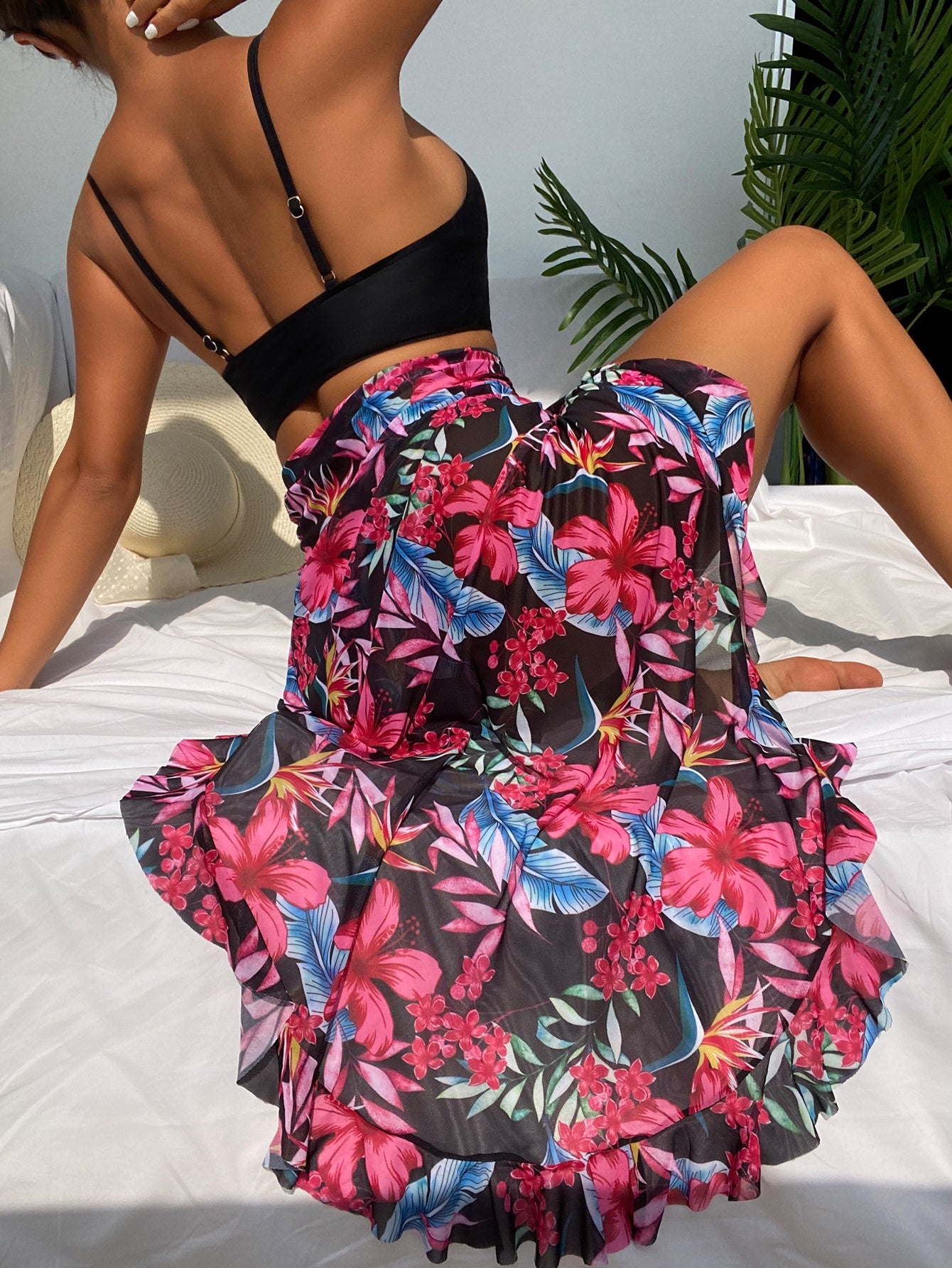 Floral Print Push Up Bikini With Beach Skirt Swimwear
