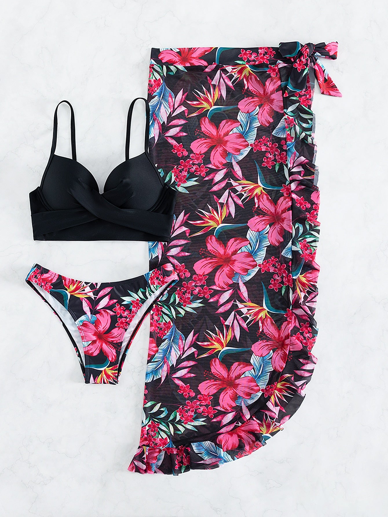 Floral Print Push Up Bikini With Beach Skirt Swimwear