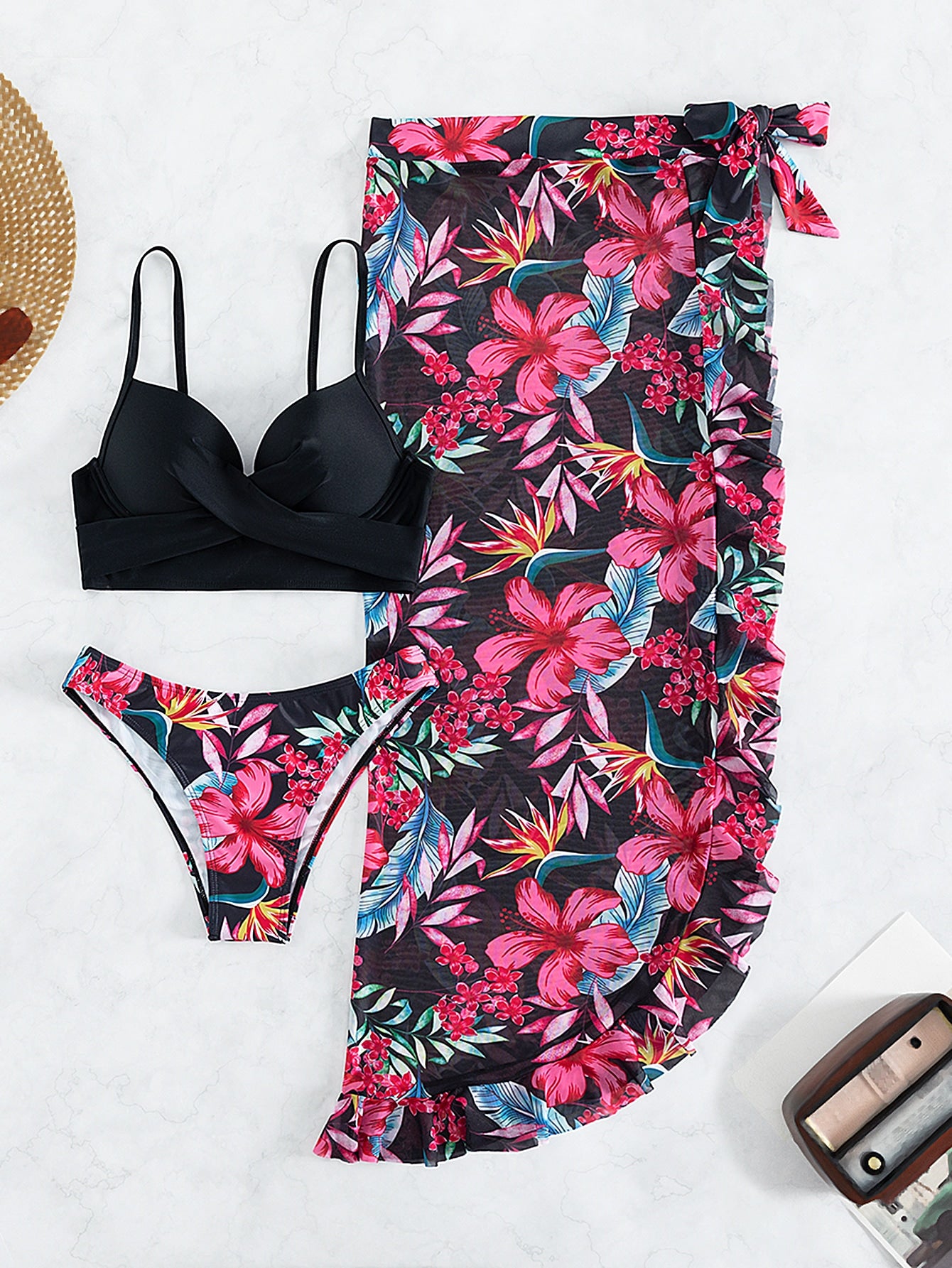 Floral Print Push Up Bikini With Beach Skirt Swimwear