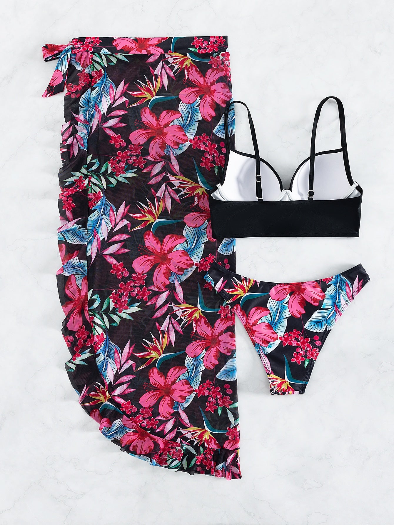 Floral Print Push Up Bikini With Beach Skirt Swimwear