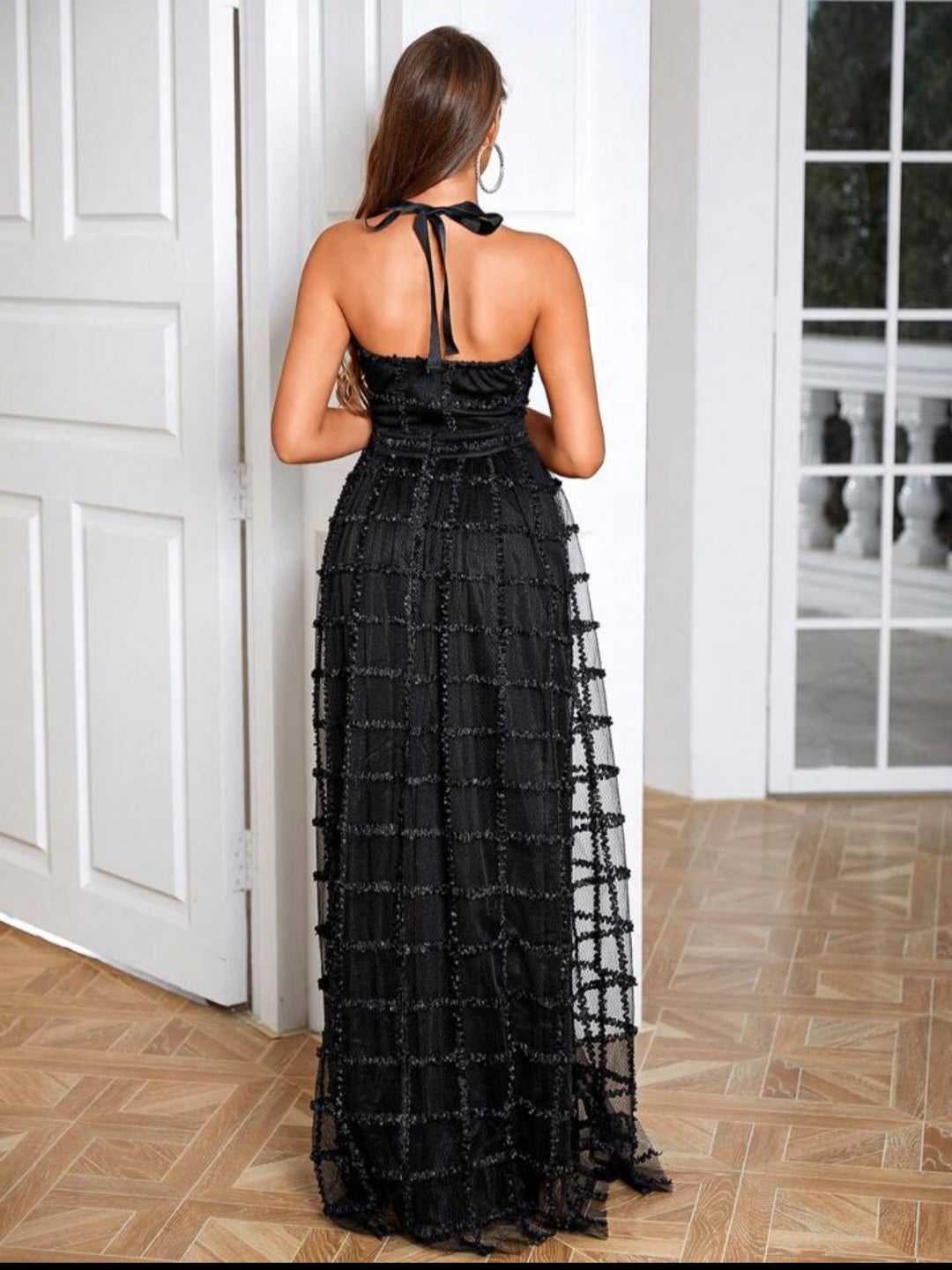 Halter Neck Backless Mesh Overlay Formal Dress