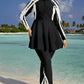 Plus Size Color Block Long Sleeve Summer Burkini Swimwear