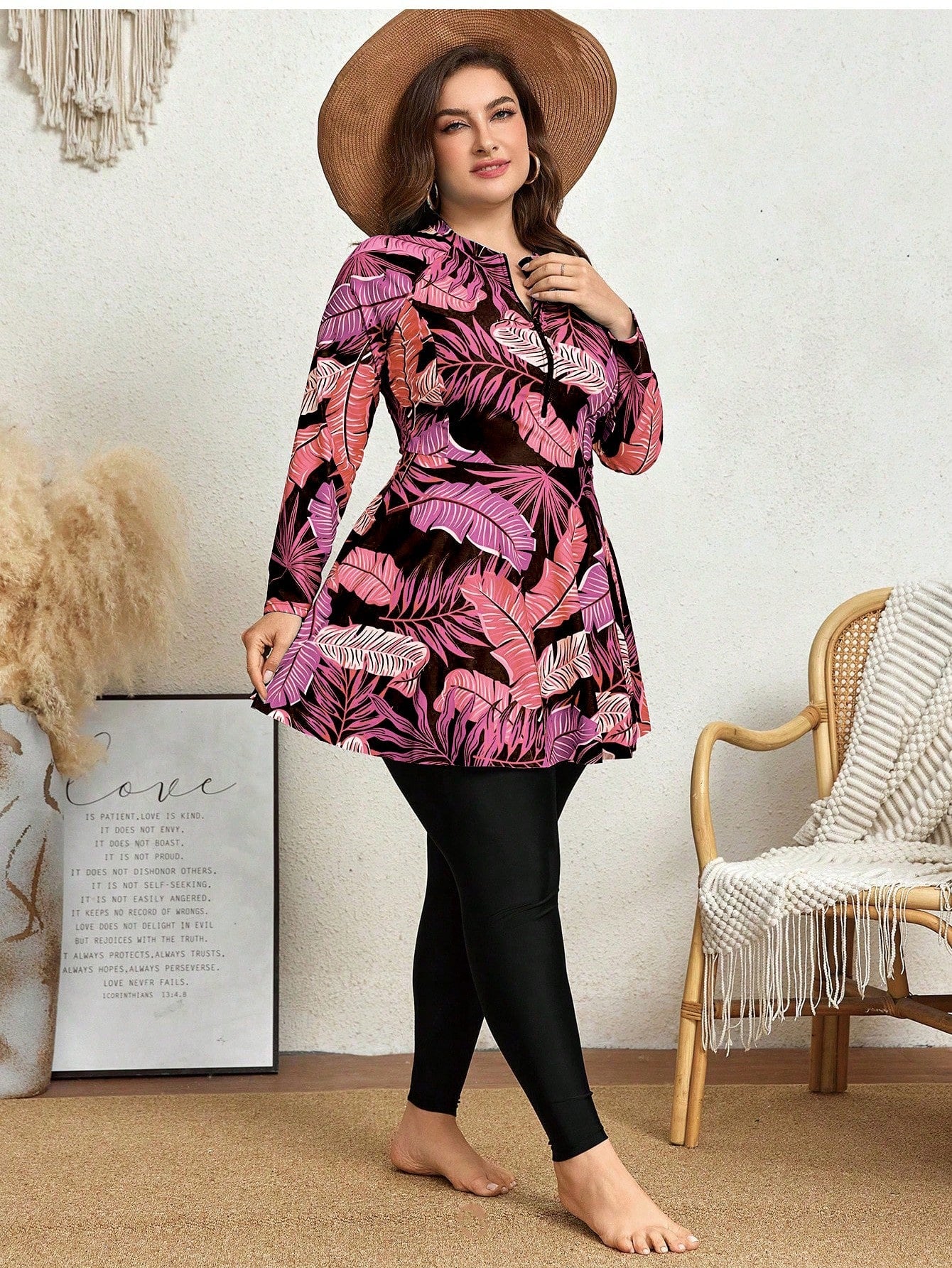 Plus Size Women Printed Long Sleeve Crew Neck Zip-Up 2pc Modest Swimwear