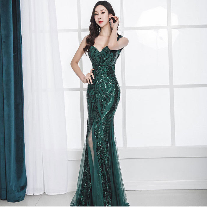 Banquet Fishtail Sleeveless Long Sequins Sling Evening Dress