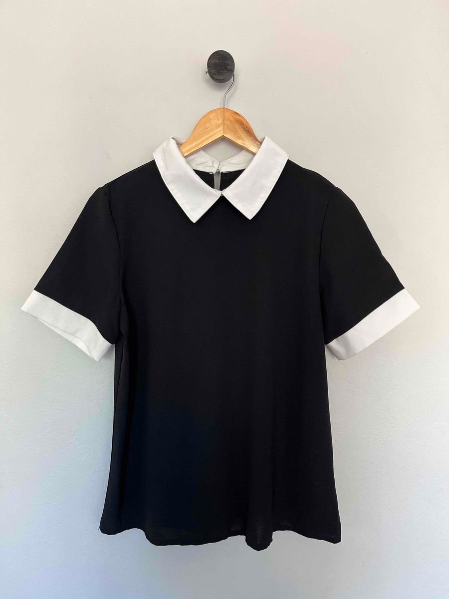 Black Colorblock Contrast Collar Blouse