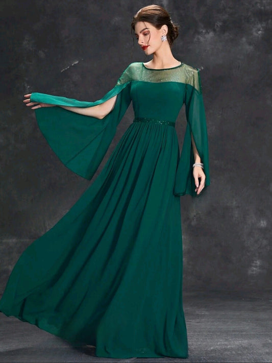 Mesh Insert Cloak Sleeve Formal Dress