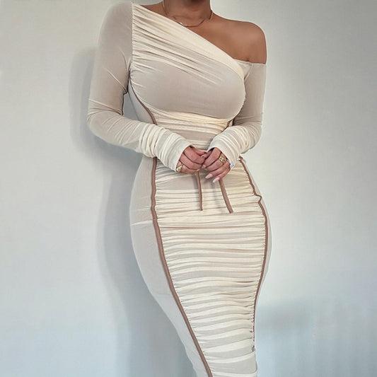 Alluring Mesh Patchwork Off-Shoulder Fitted Midi Dress