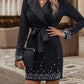 Pearls Detail Lapel Collar Belted Fitted Dress