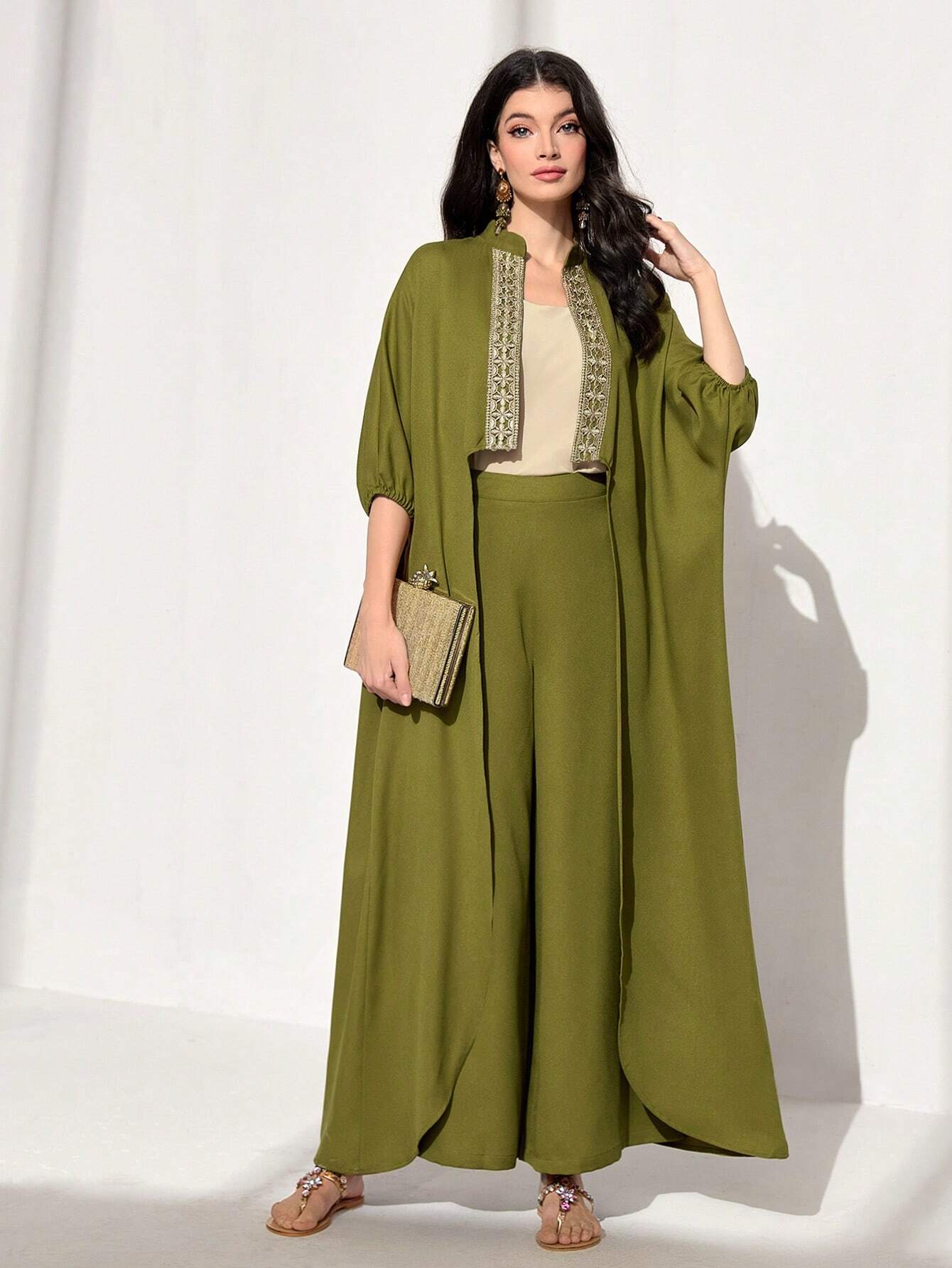 Contrast Tape Batwing Sleeve Coat & Wide Leg Pants