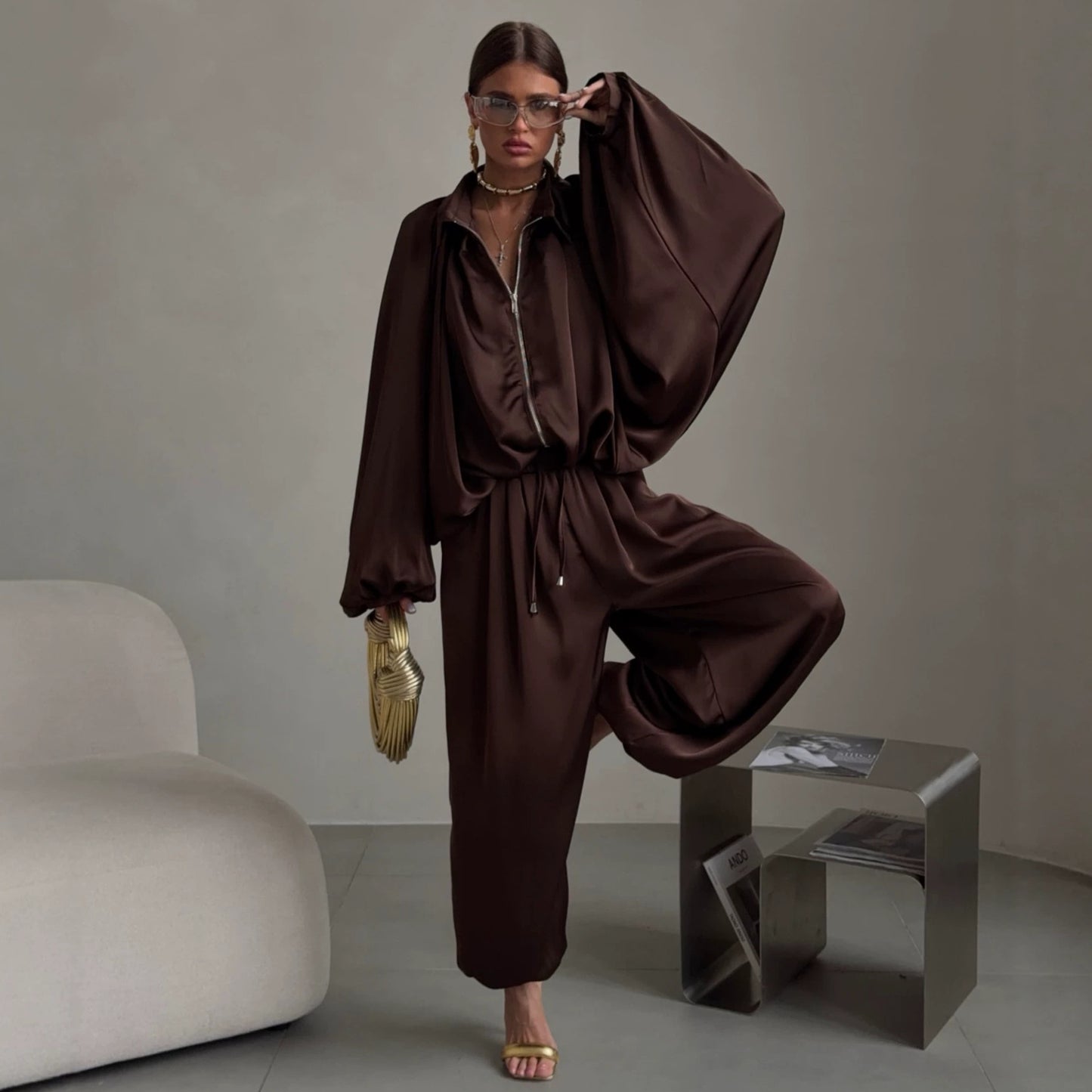 Casua Light Chocolate Brown Loose Coat Pants Set