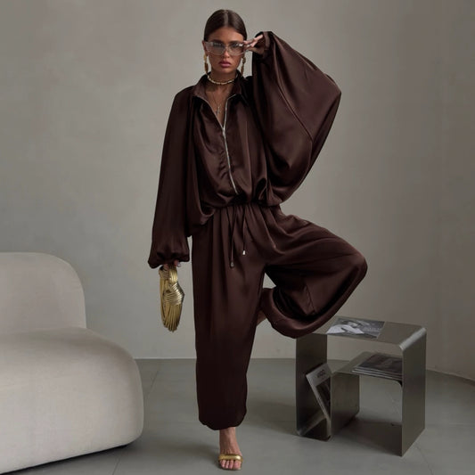 Casua Light Chocolate Brown Loose Coat Pants Set